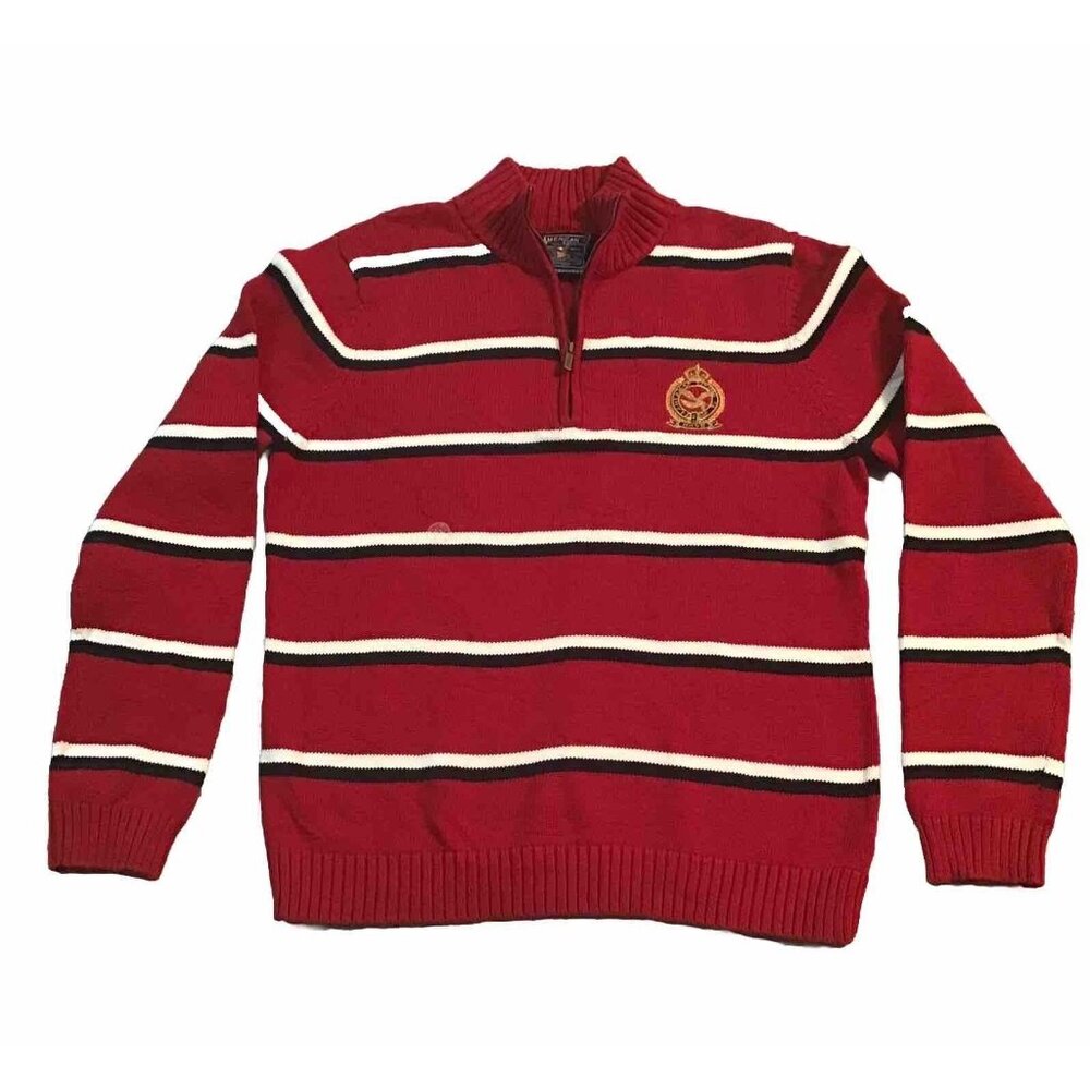 Women's Quarter Zip Sweater XL Red/White/Blue Striped Preppy Y2K NEW